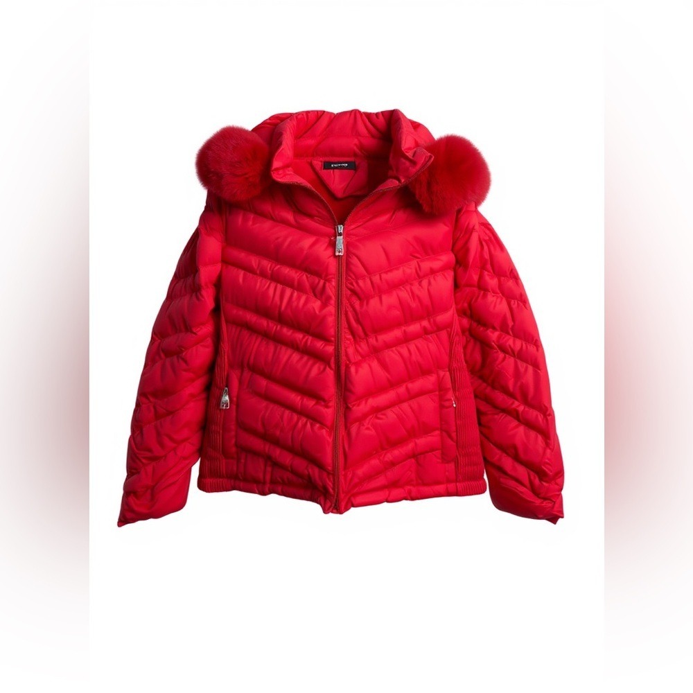 CHIC ME Women's Red Puffer Jacket Faux Fur‎ Hood Quilted Zip Up Size L